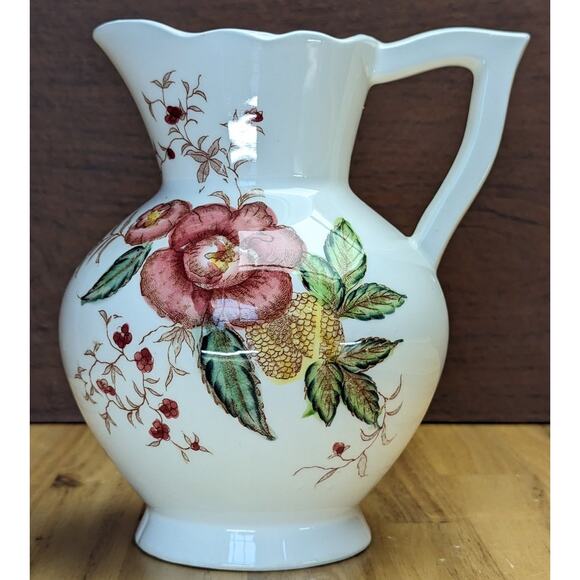 Retro Floral Pitcher Vase with Handle Cream Red Gold Botanical Housewarming Gift - Picture 1 of 14